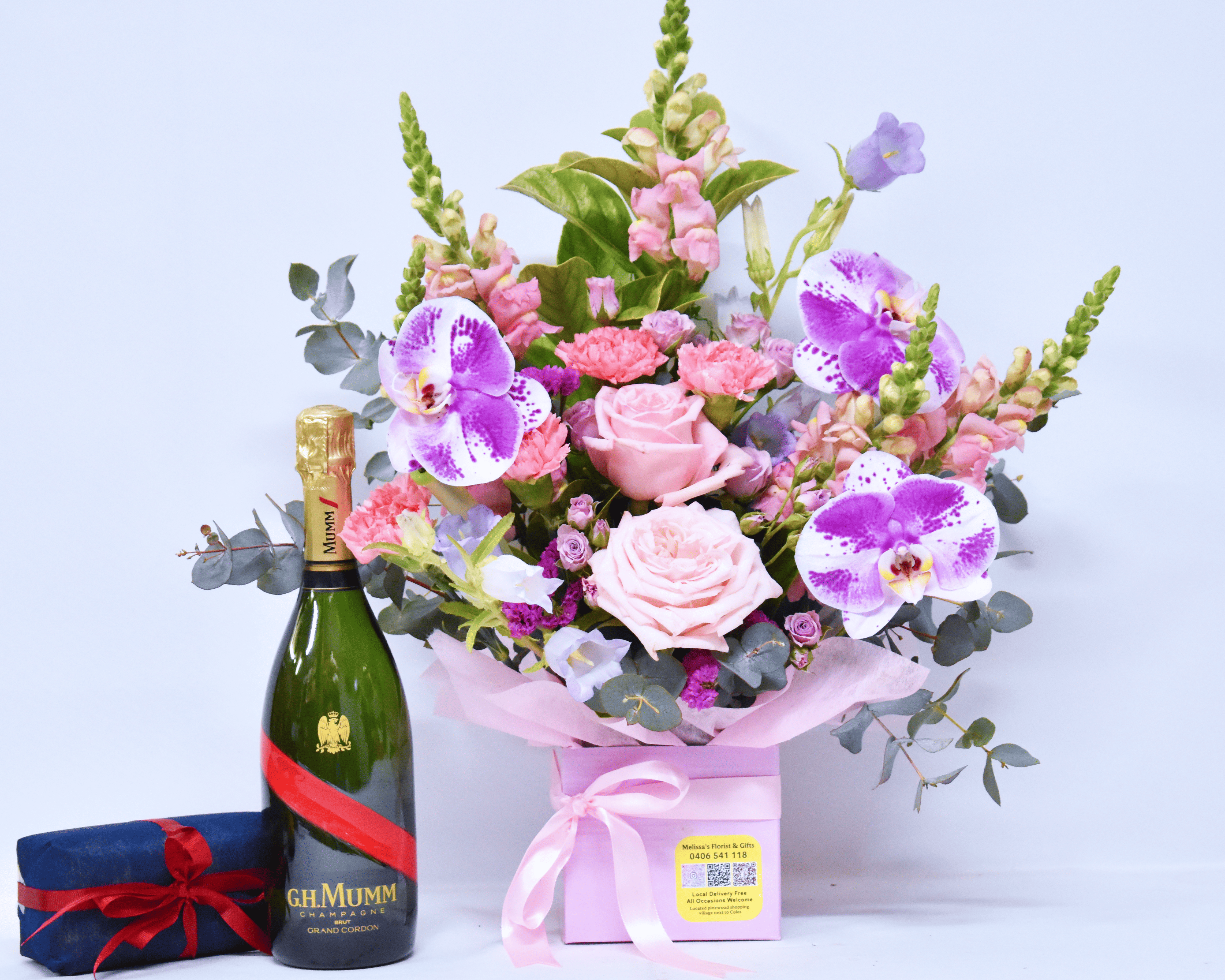 Lucky Dip Pink Flowers Box + Chocolates + Champagne!