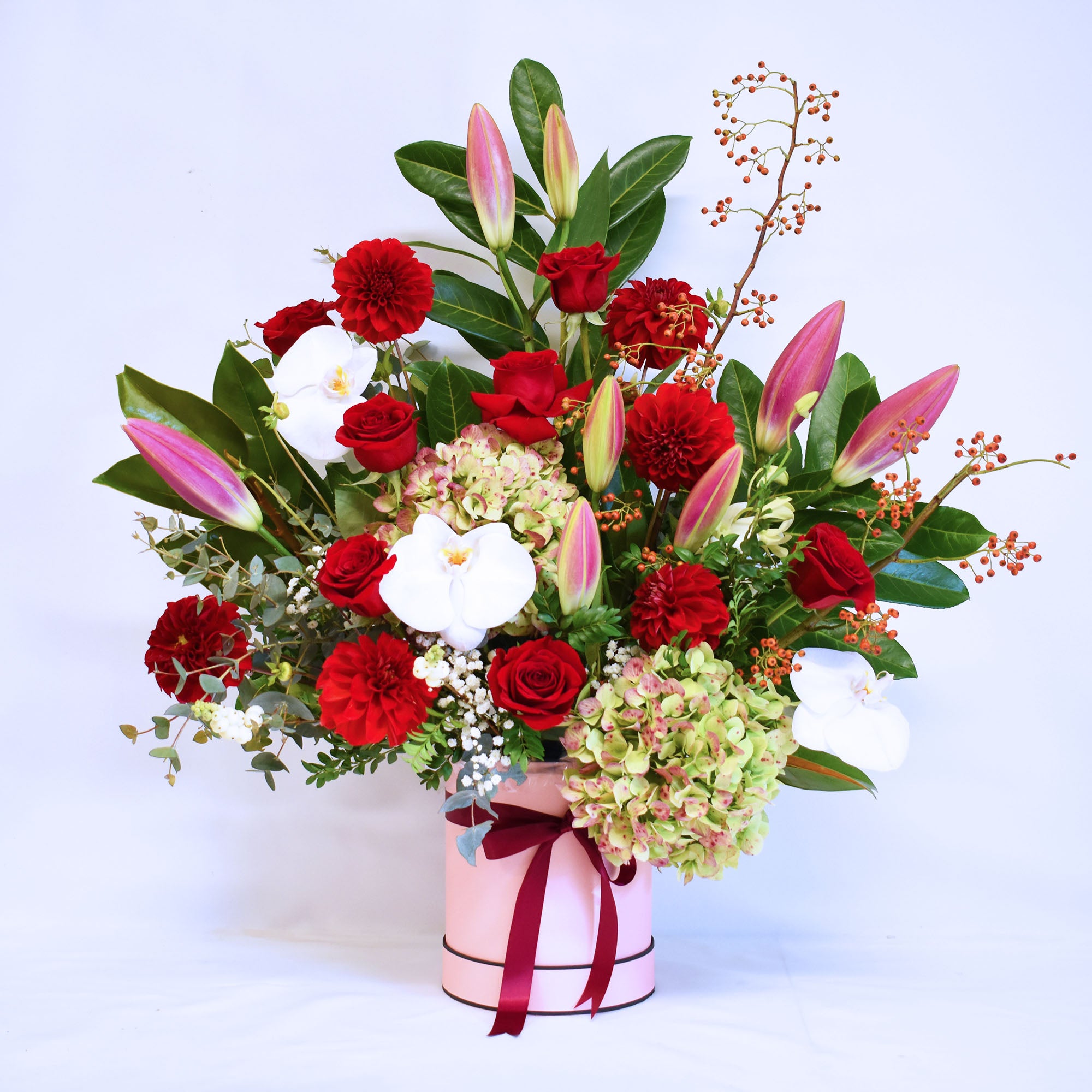 Rosy Red Dahlias Flower Hatbox