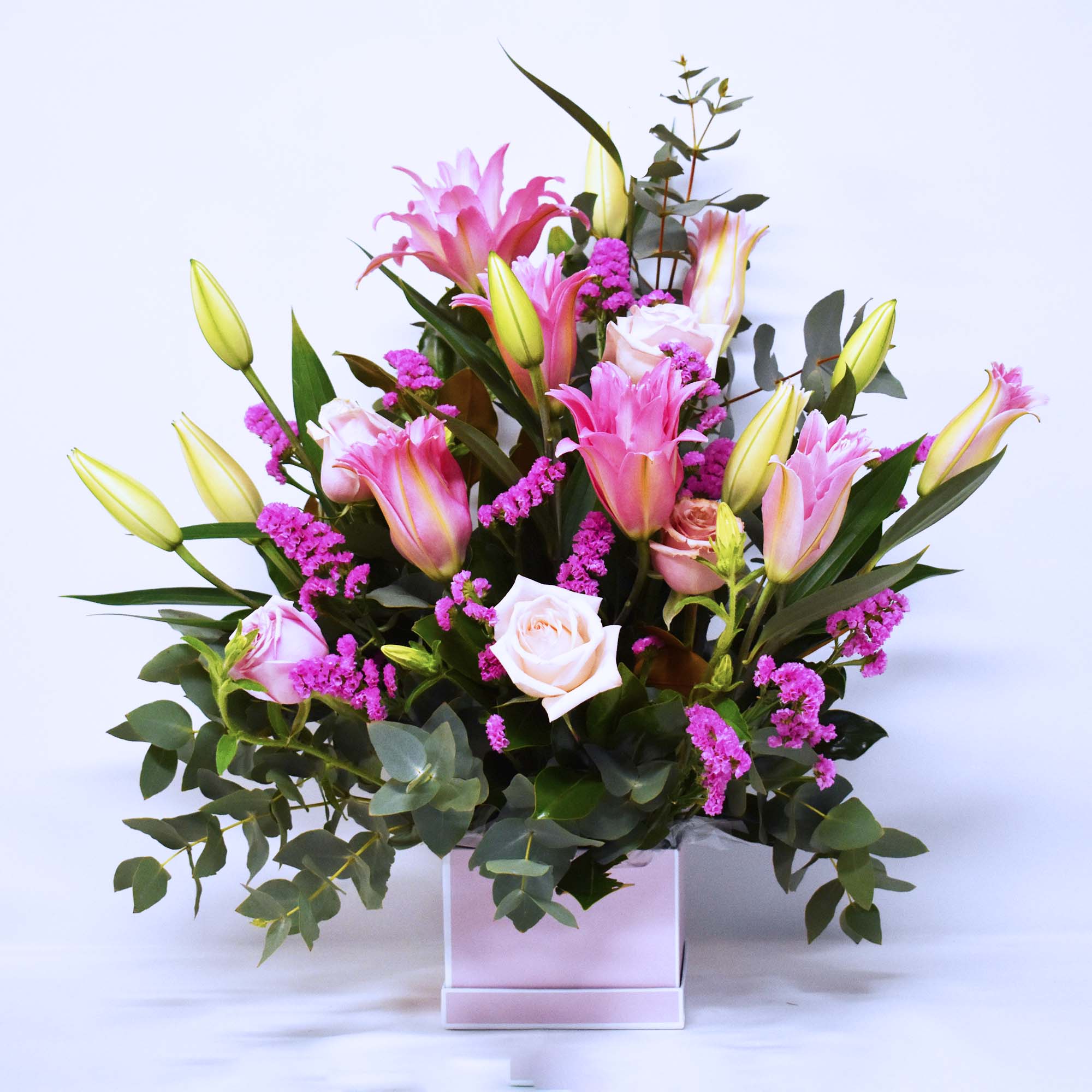 Pink Rose and Pink Lily Flowers Box