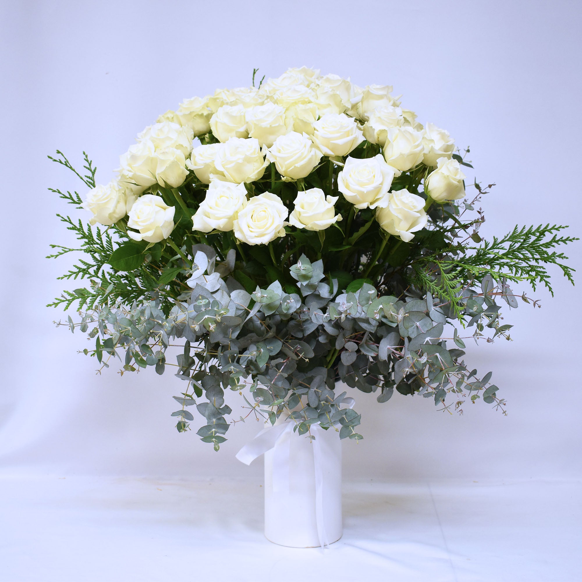 One Hundred White Roses Bouquet + Vase - Sincere Sympathy