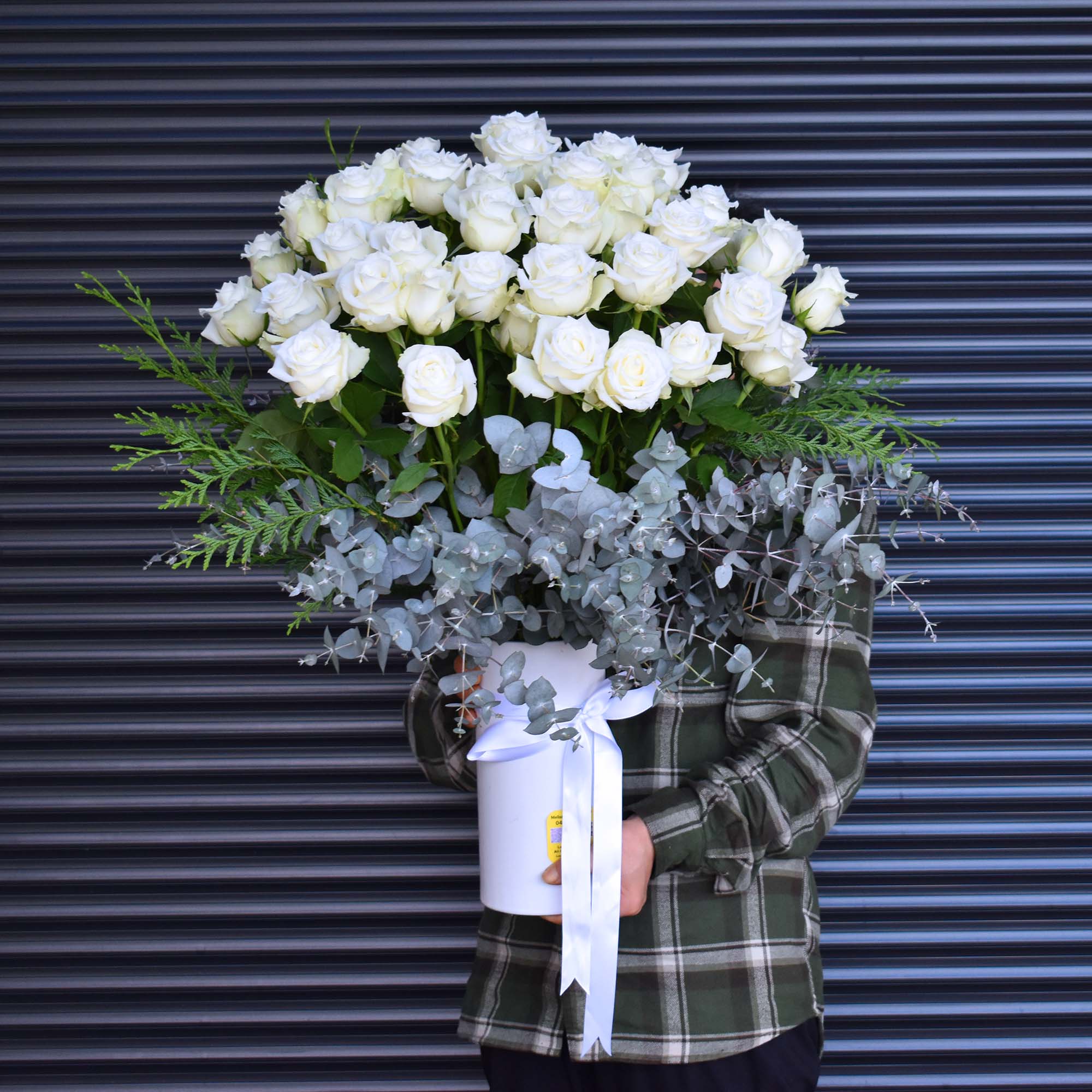 One Hundred White Roses Bouquet + Vase - Sincere Sympathy