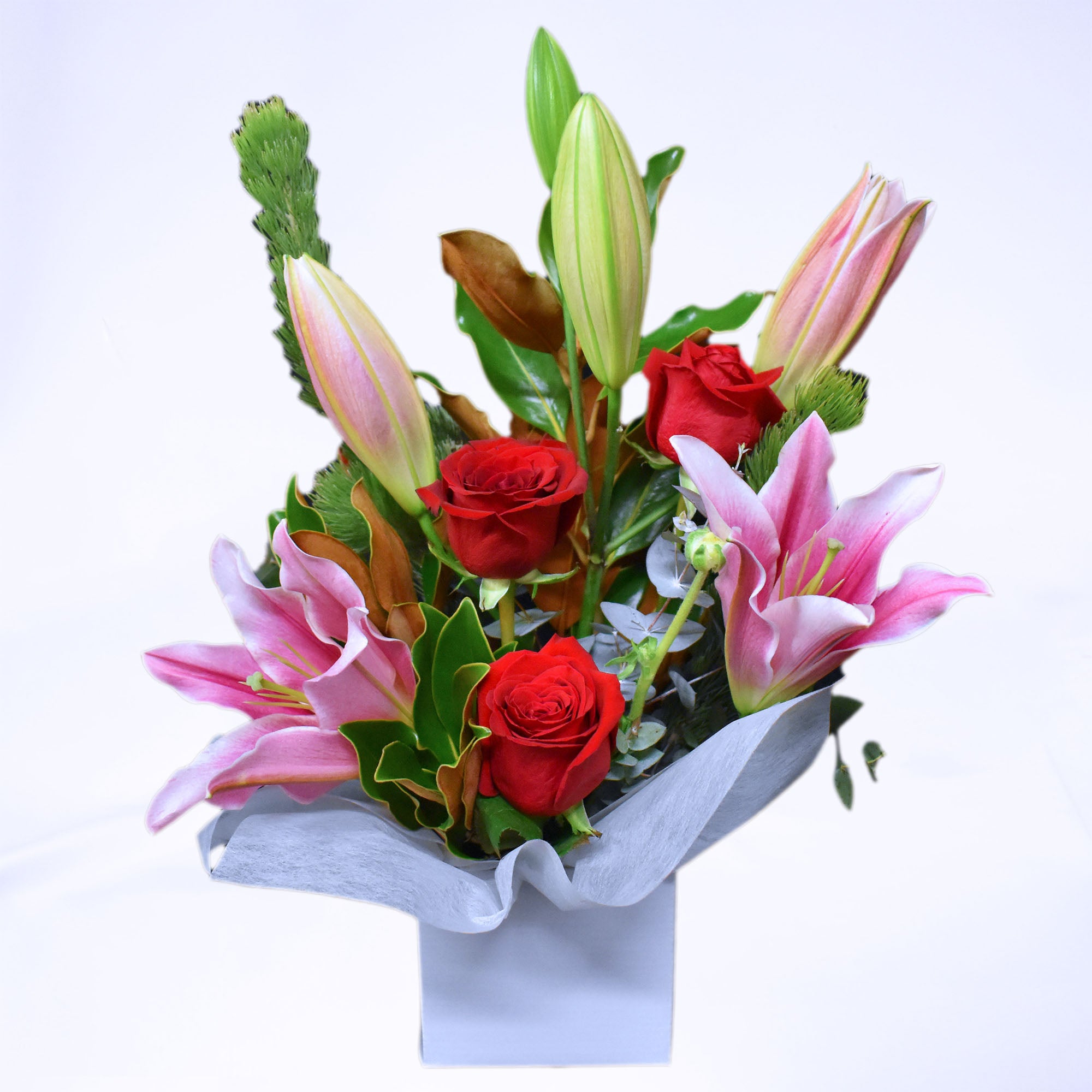 Red Rose Pink Lily Flowers Box