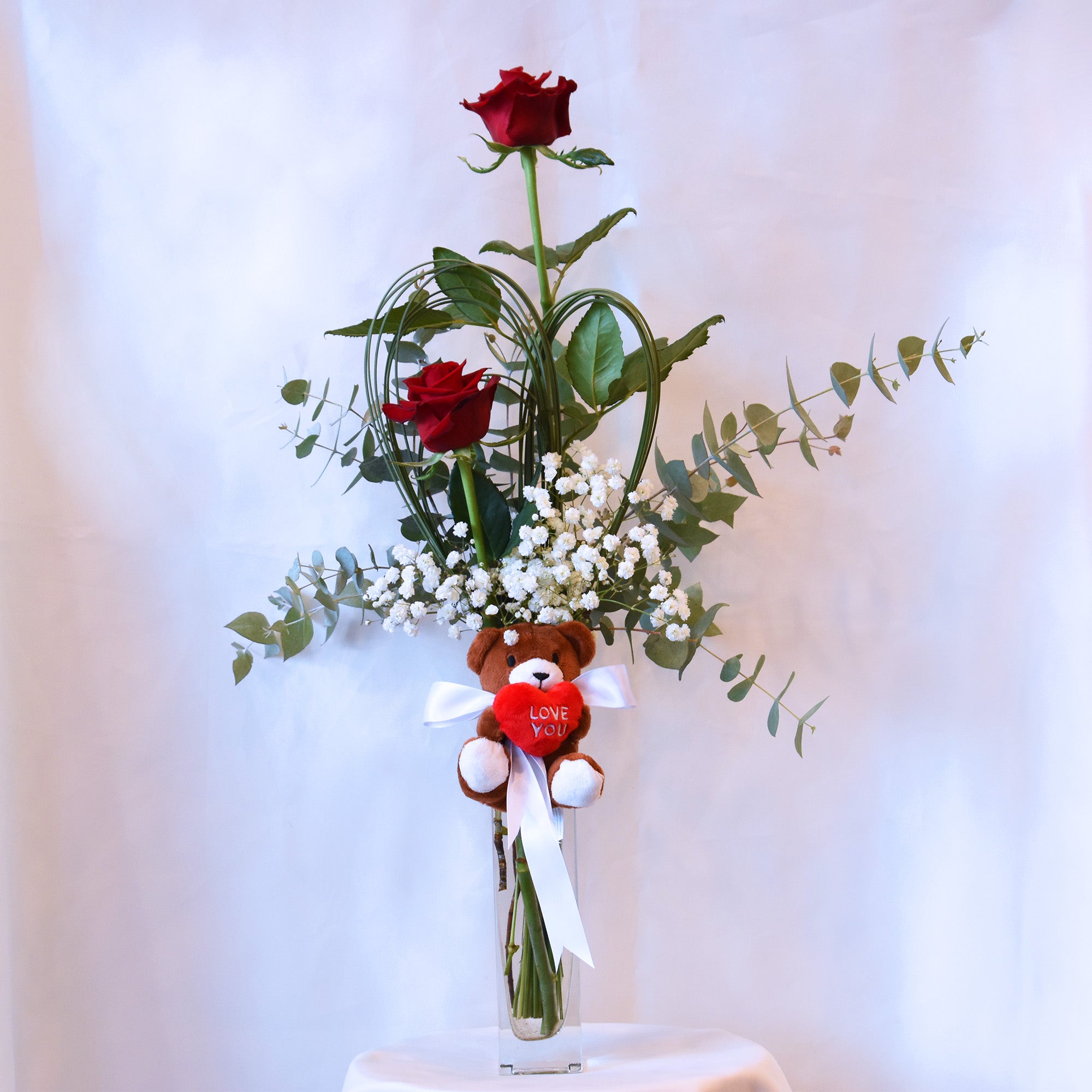 Valentine's Day Flowers - Two Red Roses + Teddy + Vase!