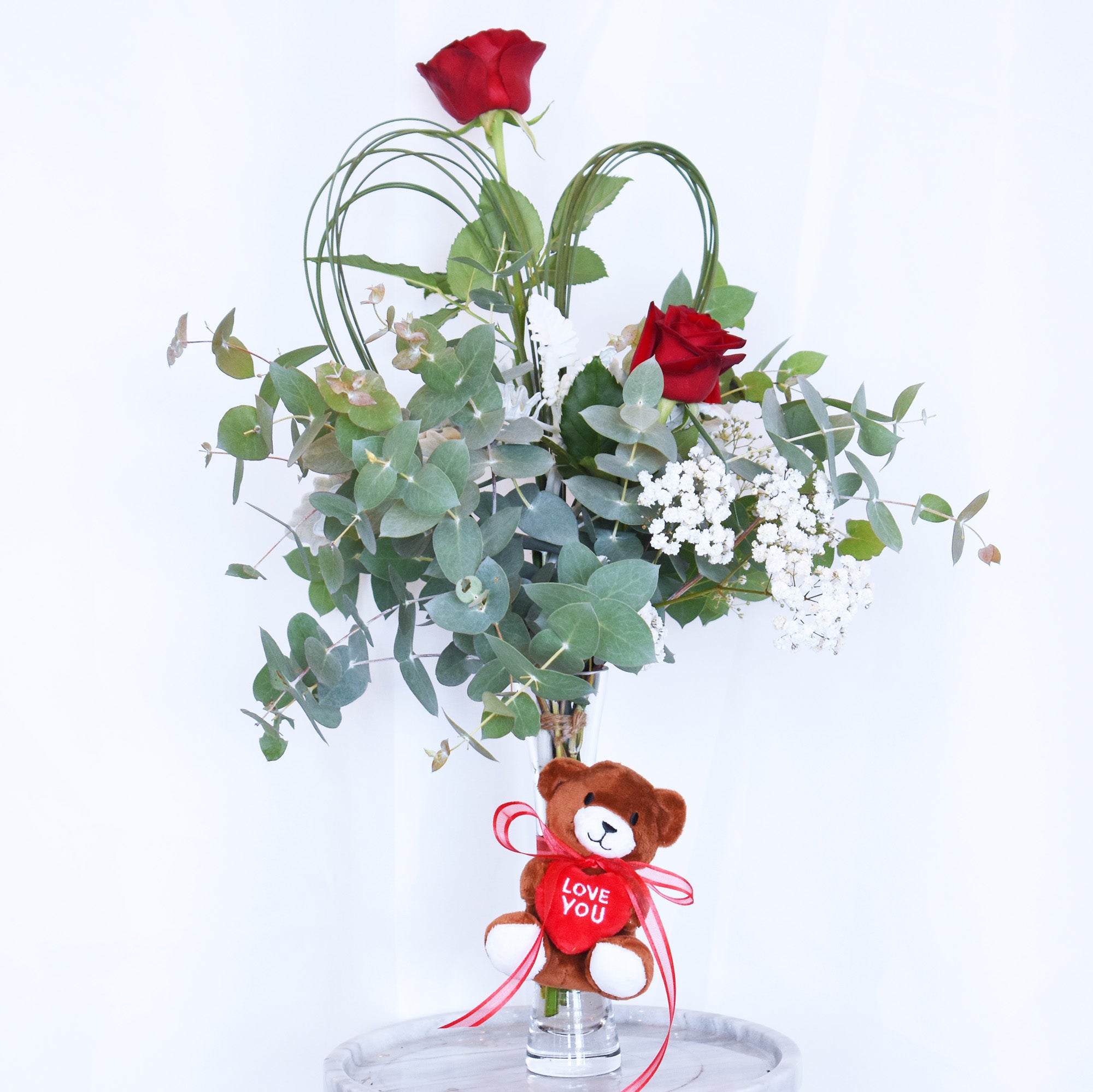 Valentine&#39;s Day Flowers - Two Red Roses + Teddy + Vase!