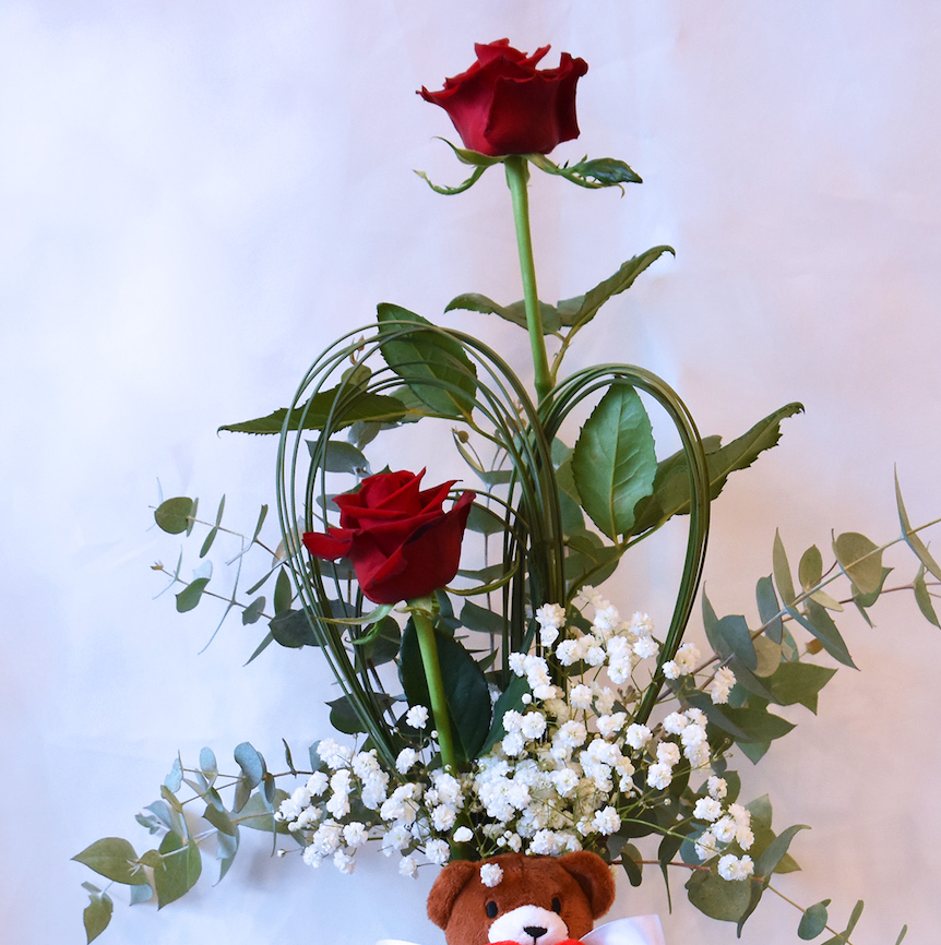Valentine&#39;s Day Flowers - Two Red Roses + Teddy + Vase!